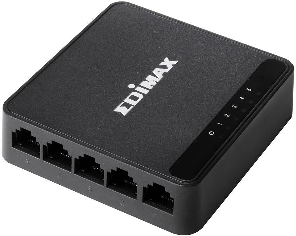 Černý síťový switch Edimax s pěti ethernetovými porty, očíslovanými od 1 do 5, s LED indikátory pro sledování připojení.