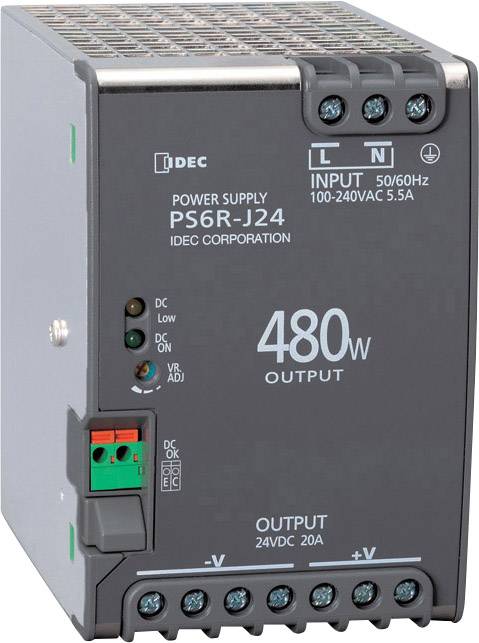 Napájecí zdroj 'PS6R-J24' s výkonem 480W, vstupem 100-240VAC při 50/60Hz, výstupem 24VDC a maximálně 20A.