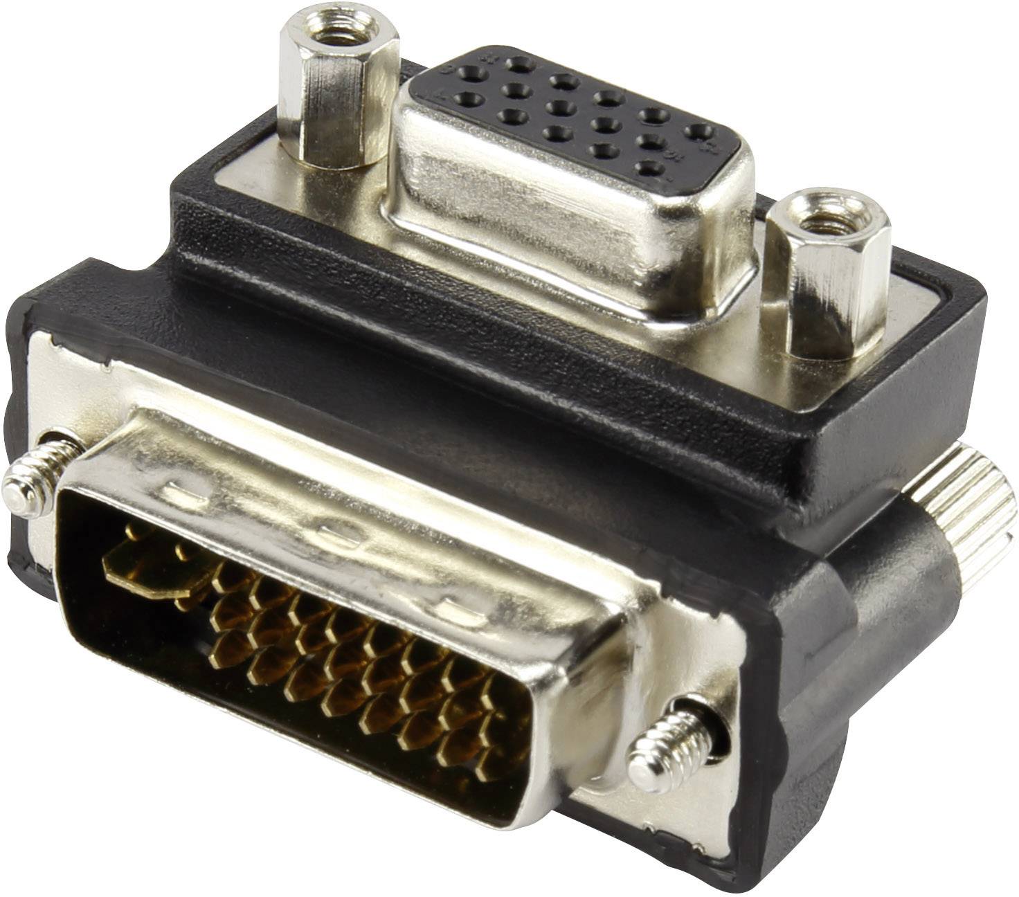 Adaptér s VGA konektorem na jedné straně a DVI konektorem na straně druhé pro propojení zařízení.