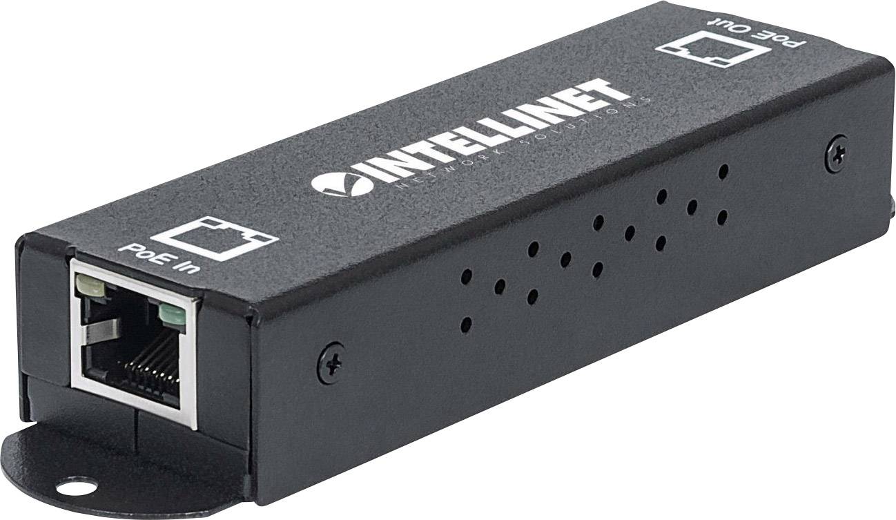 Černý Intellinet PoE-extender, obdélníkový tvar, se dvěma ethernetovými porty. Označení 'PoE In' a 'PoE Out'.