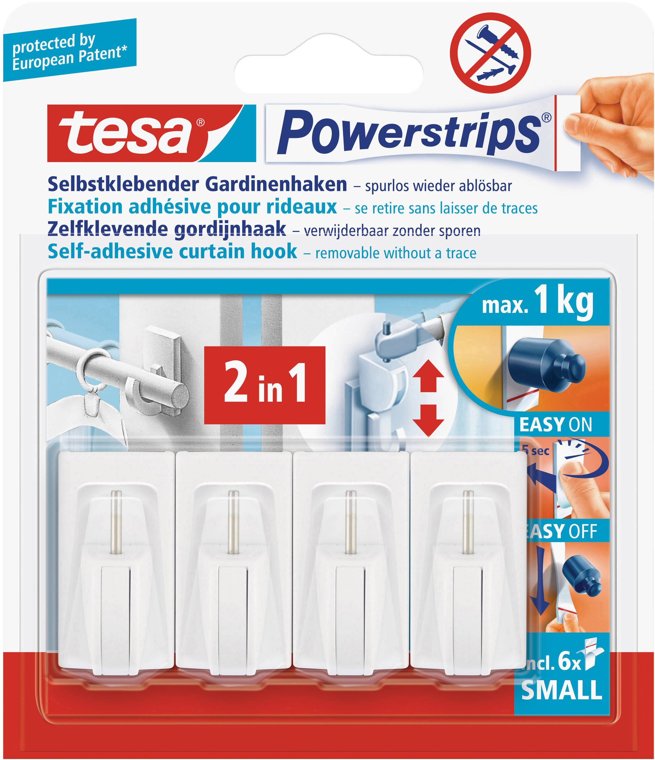 Samolepicí háček na záclony, 2 v 1, samolep., bez zanechání stop, max. 1 kg.