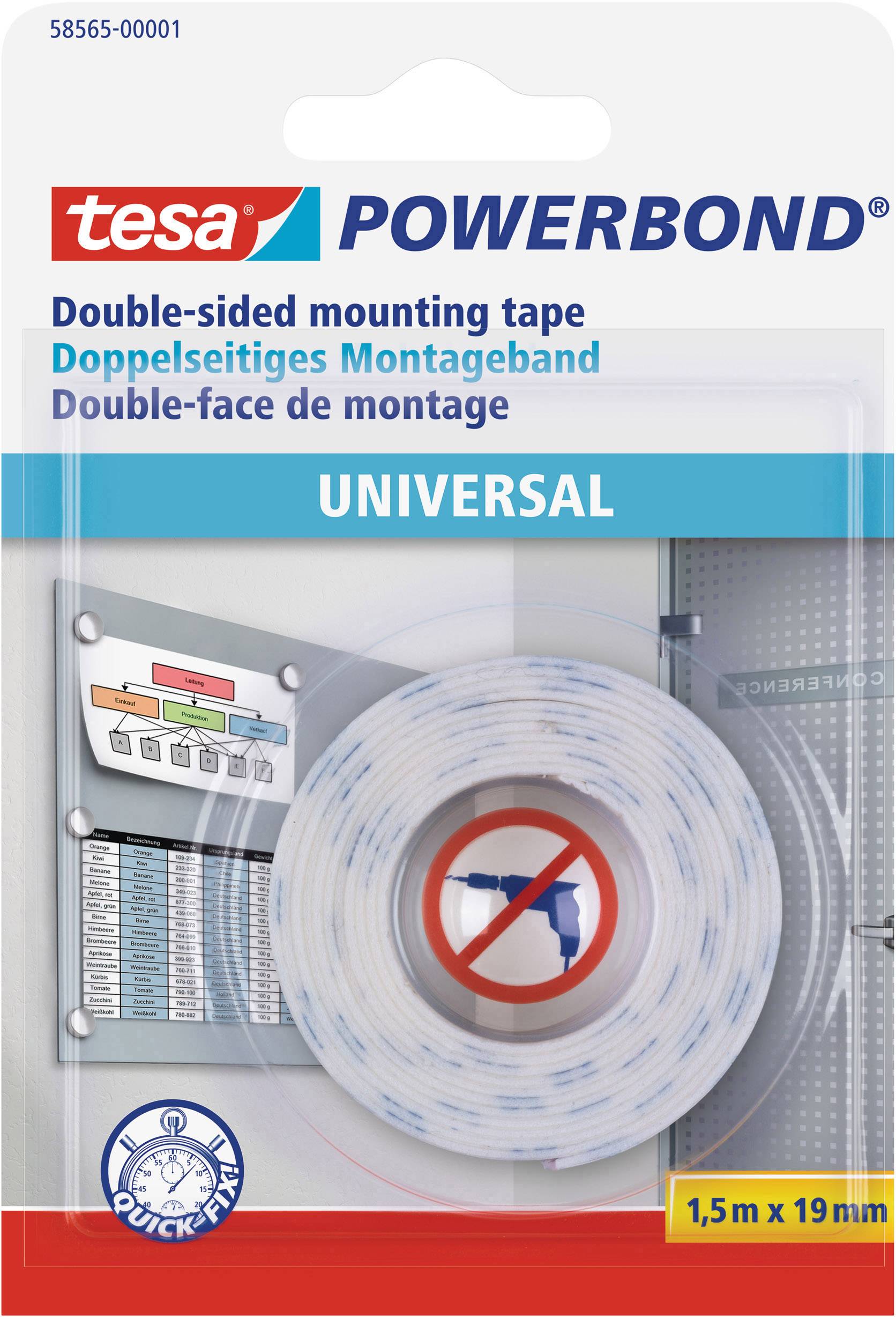 Balení oboustranné lepicí pásky 'tesa Powerbond', univerzální, délka 1,5 m x šířka 19 mm. Příklad použití ukazuje montáž na stěnu.