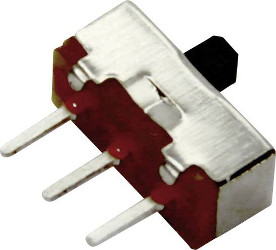 Trojpólový přepínač v bočním pohledu, stříbrné pouzdro se červenou základnou a černou pákou, určený pro elektronické obvody.