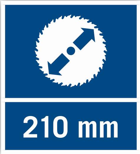 Symbol pilového kotouče s šipkami znázorňujícími směr otáčení, pod ním text '210 mm'.