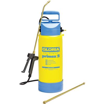 Žlutý postřikovač s modrou čepičkou a nápisem 'Gloria Das Original primex 5', vybavený černou hadicí a postřikovací trubicí.