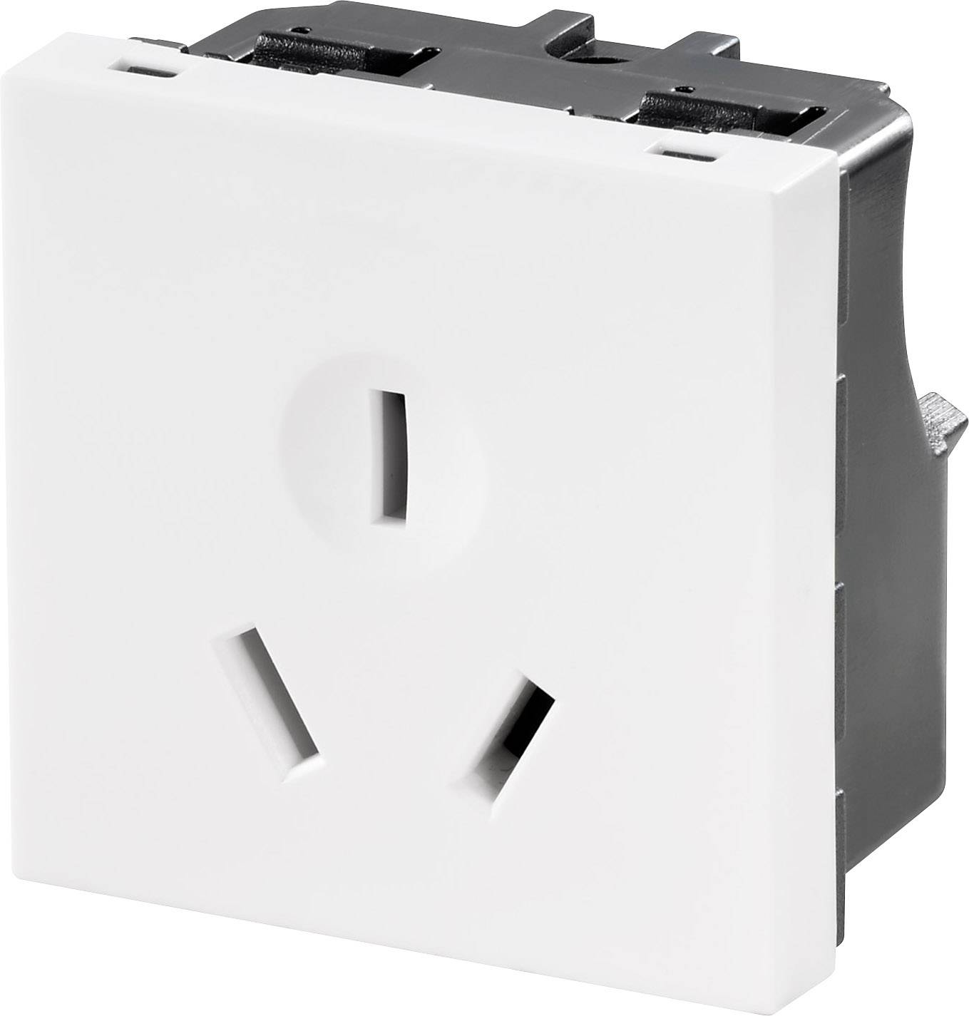 Bílá elektrická zásuvka s trojpinovým designem bez uzemnění, vhodná pro určité mezinárodní standardy.