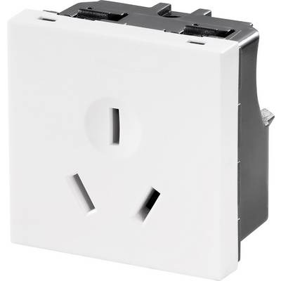 Bílá elektrická zásuvka s trojpinovým designem bez uzemnění, vhodná pro určité mezinárodní standardy.