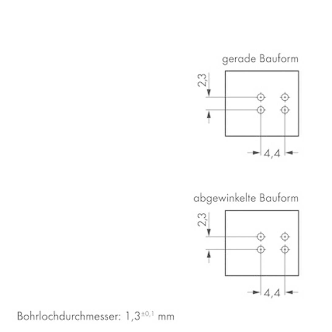 Průměr otvoru: 1,3 ±0,1 mm. Diagram znázorňuje dvě uspořádání otvorů: nahoře přímé a dole zalomené, obě opatřená kótami.