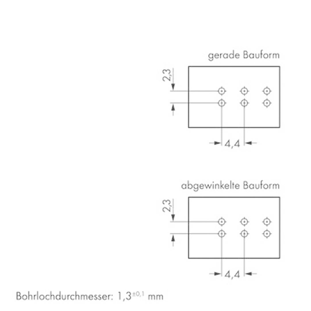Dva rozložení součástek: nahoře přímé s roztečí otvorů 4,4 mm; dole zalomené. Obě mají vzdálenost 2,3 mm od hrany.