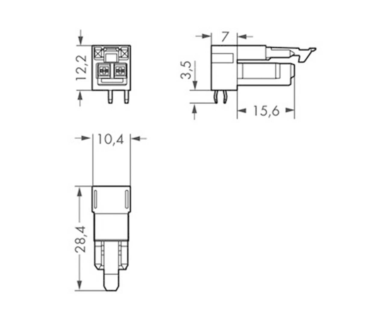Schéma zapojení konektoru s rozměry: šířka 10,4 mm, výška 28,4 mm. Pohled shora 12,2 mm, boční pohled 15,6 mm dlouhý, 3,5 mm vysoký.