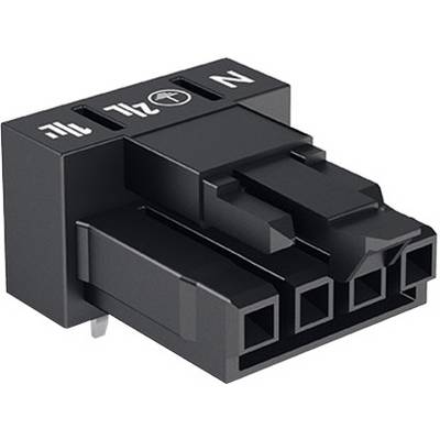 Černý čtyřpólový konektor s vyznačením pólů elektrického připojení, označený štítky 'N', '+', 'L'.