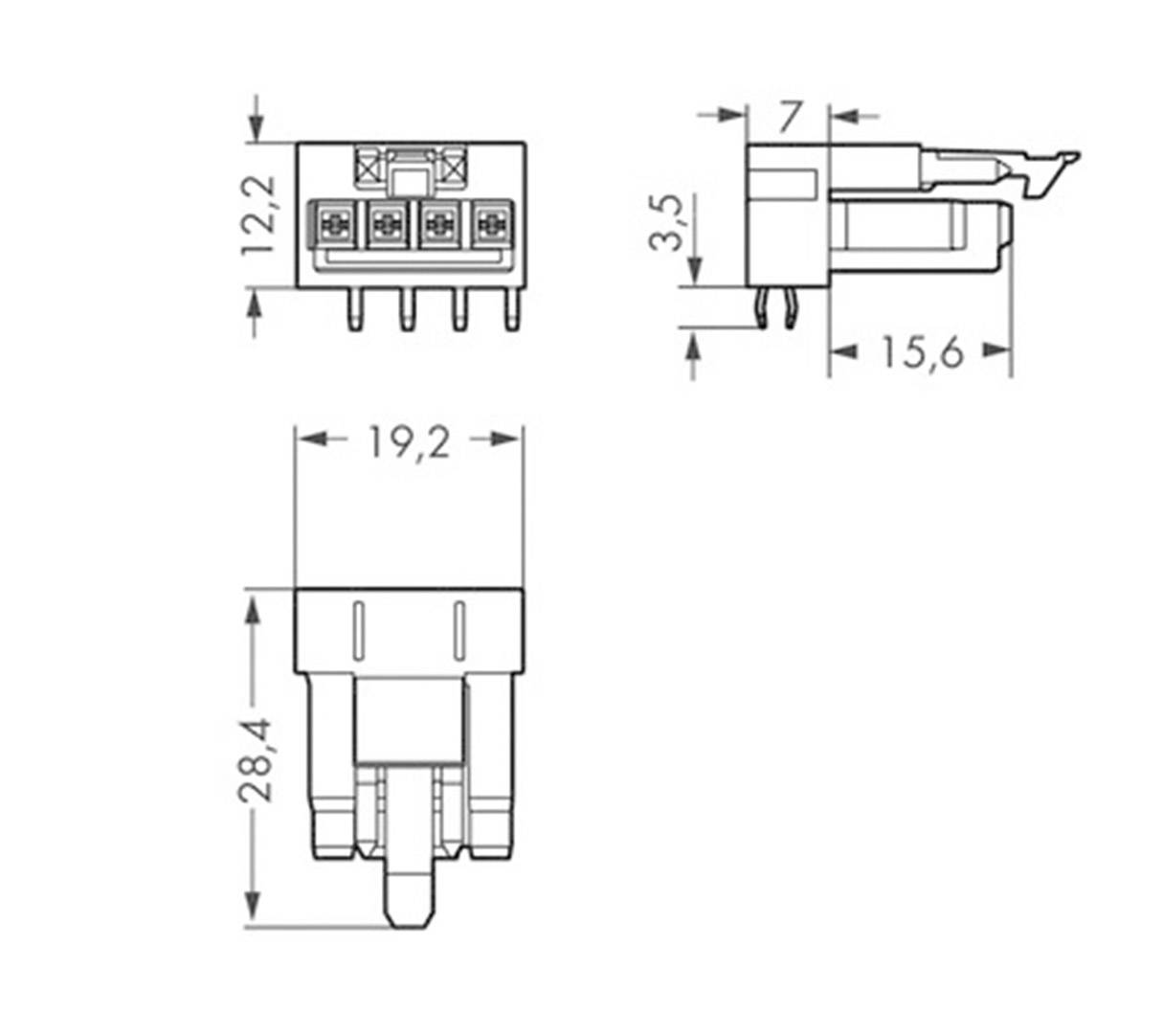 Technický výkres elektronické součástky s pohledem zepředu a z boku. Rozměry v mm: 12,2 x 19,2 x 28,4 a 7 x 3,5 x 15,6.