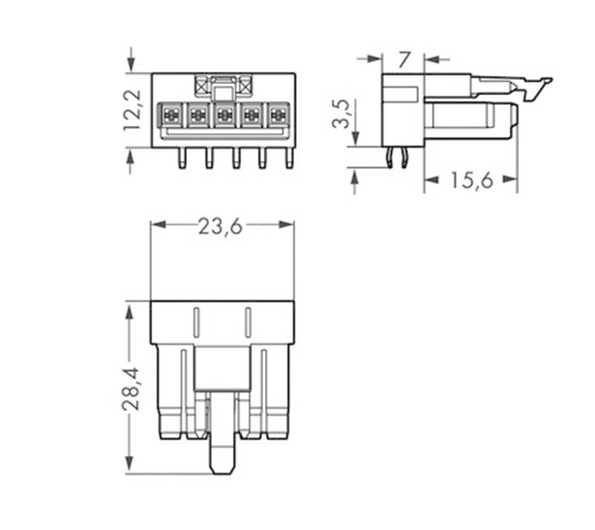Technický výkres elektrického konektoru s rozměry: délka 23,6 mm, výška 28,4 mm, šířka 12,2 mm, další rozměry vyobrazeny.