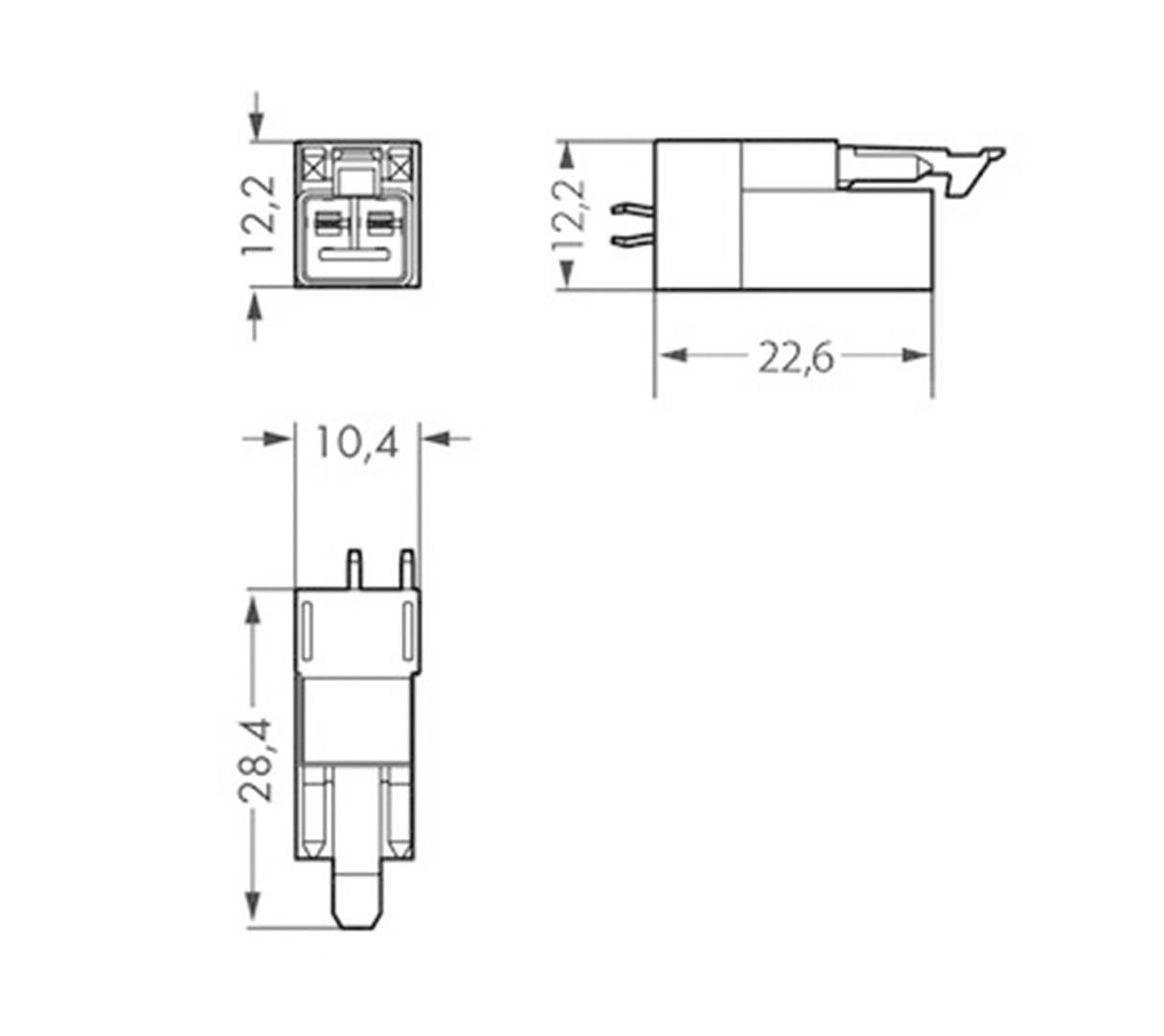Výkres elektrického konektoru s rozměry: 12,2 mm šířka, 22,6 mm délka, 28,4 mm výška.
