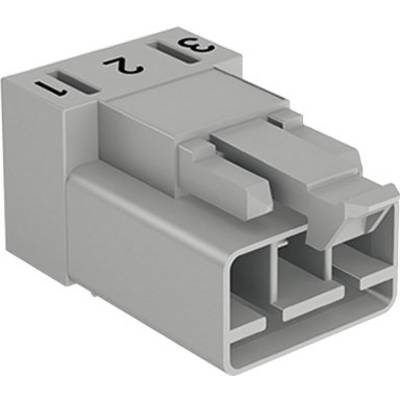 Šedý plastový konektor s třemi očíslovanými vstupy (1, 2, 3) v obdélníkovém tvaru. Vhodný pro elektrické propojení.