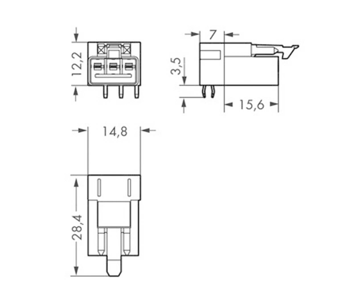 Technický výkres elektronického konektoru s rozměry v milimetrech: 12,2 x 15,6 x 28,4.