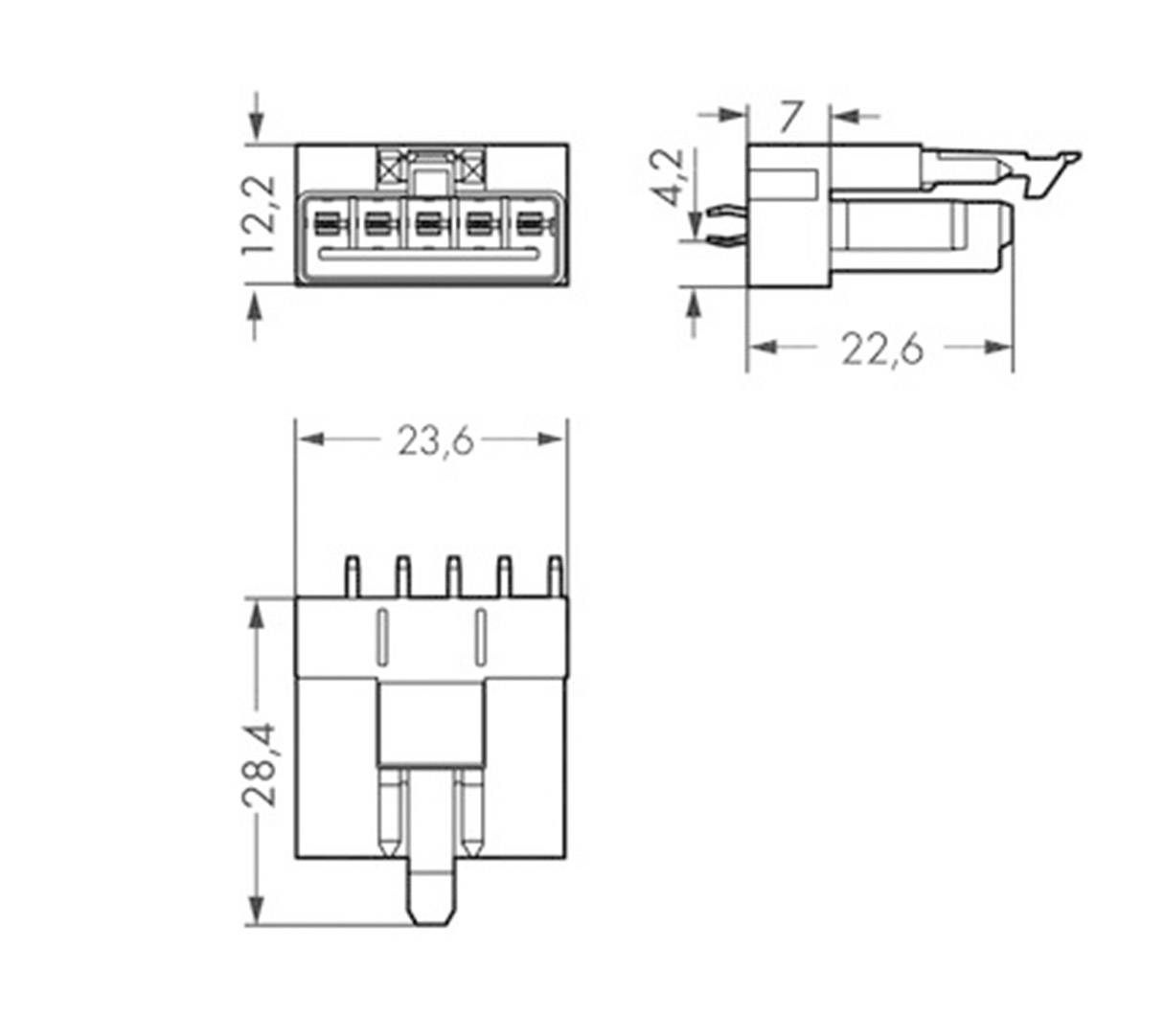 Technický výkres konektoru s rozměry: 12,2 mm, 23,6 mm, 28,4 mm, 7 mm a 22,6 mm. Zobrazen pohled shora a boční pohled.