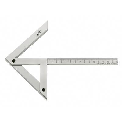 Úhloměr s pravítkem, zobrazující úhel 90 stupňů. Pravítko je rozděleno na stupnici od 1 do 15 cm. Logo výrobce je viditelné vlevo nahoře.