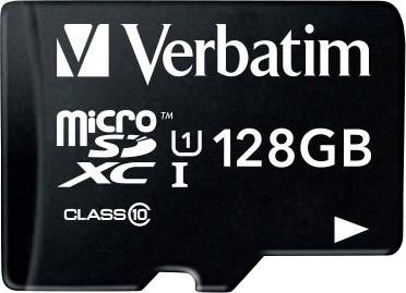 Černá paměťová karta Verbatim microSDXC o kapacitě 128 GB, třída 10, vhodná pro rychlý přenos dat.