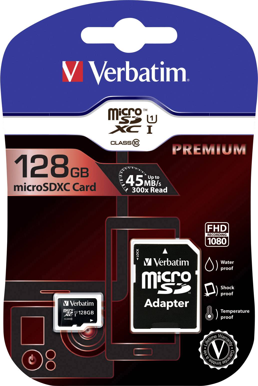 Verbatim 128GB Micro SD karta s adaptérem, třída 10, až 45 MB/s rychlost čtení. Voděodolná a nárazuvzdorná.