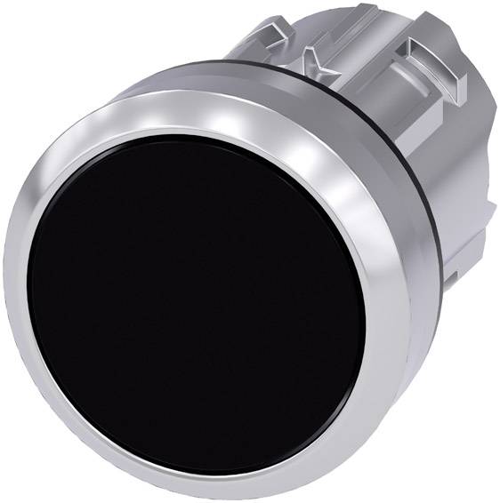 Černý kulatý knoflík se stříbrným okrajem, vhodný pro elektronická zařízení nebo stroje.