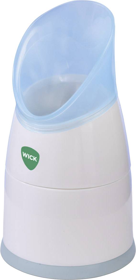 Inhalátor Vicks ukazuje bílé, přenosné zařízení s modrým víkem. Vyvinut pro zmírnění příznaků nachlazení pomocí páry.