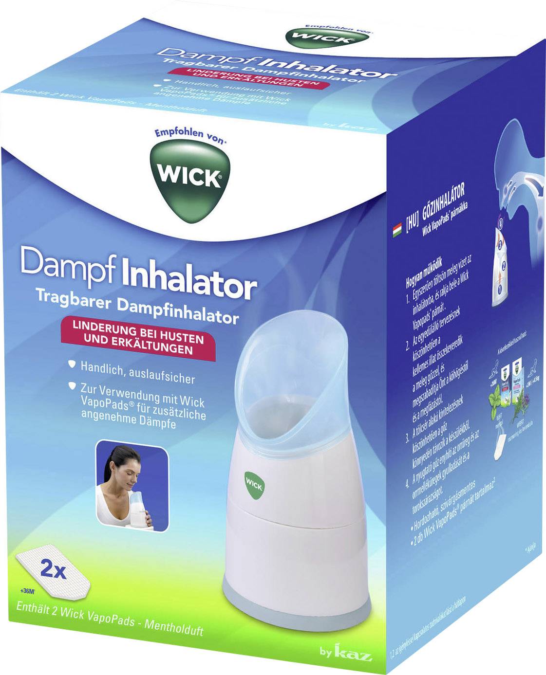 'Parní inhalátor Wick, přenosné zařízení pro úlevu při kašli a nachlazení. Obsahuje 2 Wick VapoPads s mentolovou vůní.'