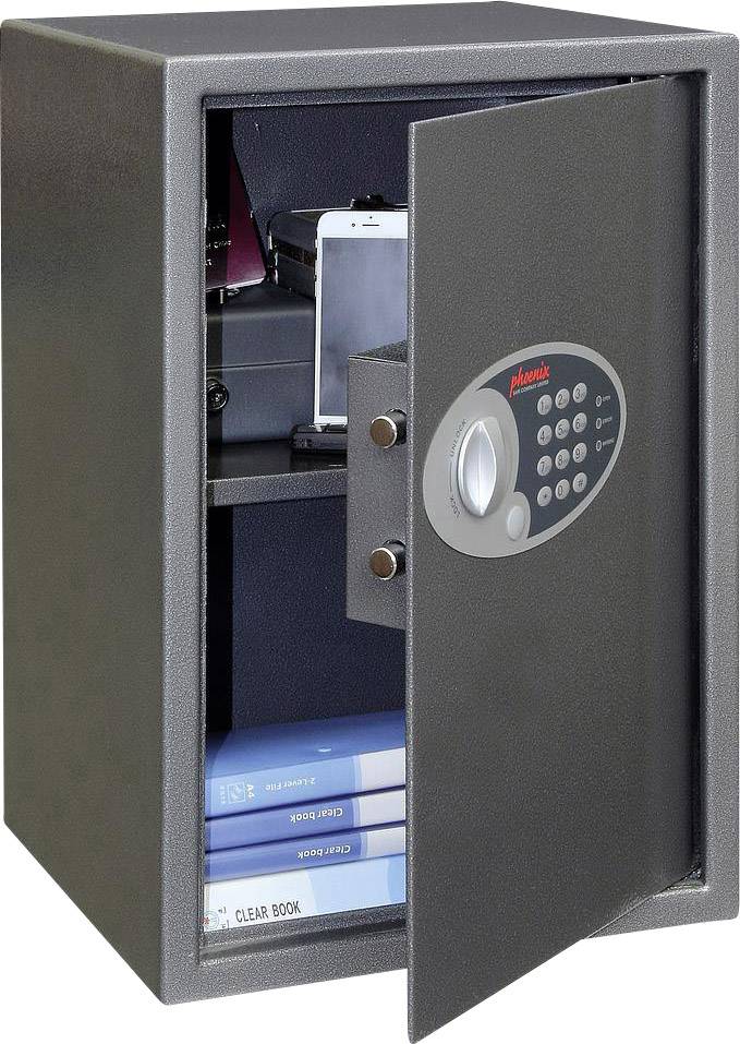 Otevřený trezor s elektronickým číselným zámkem. Uvnitř leží knihy, smartphone a laptop. Trezor je z poloviny naplněn.
