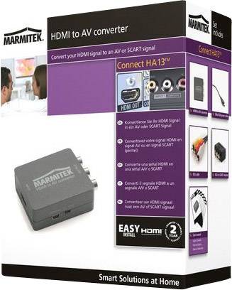 HDMI na AV konvertor, propojuje HDMI signál s AV nebo SCART. Obsahuje konvertor, kabel, napájecí adaptér, návod; 2 roky záruka.
