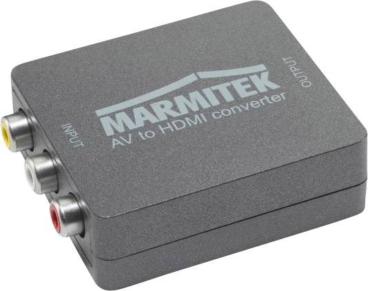 Marmitek AV-na-HDMI konvertor se vstupy pro video a audio, s popisem 'INPUT' a 'OUTPUT' na horní straně.