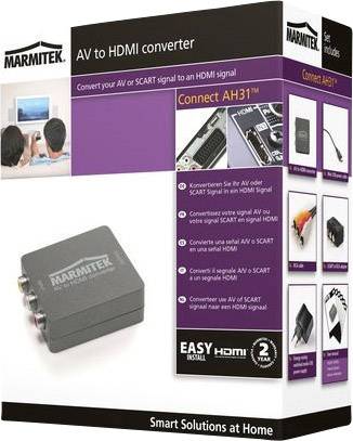 Obal 'AV na HDMI konvertoru' zobrazuje konverzní zařízení, kabel a návod. Převádí signál z AV/SCART na HDMI. 2 roky záruka.