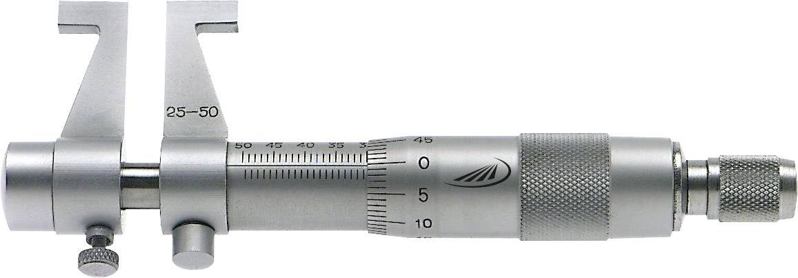 Stříbrné vnitřní mikrometr s měřicím rozsahem 25-50 mm ukazuje přesnou stupnici a vroubkovanou rukojeť pro přesné vnitřní měření.