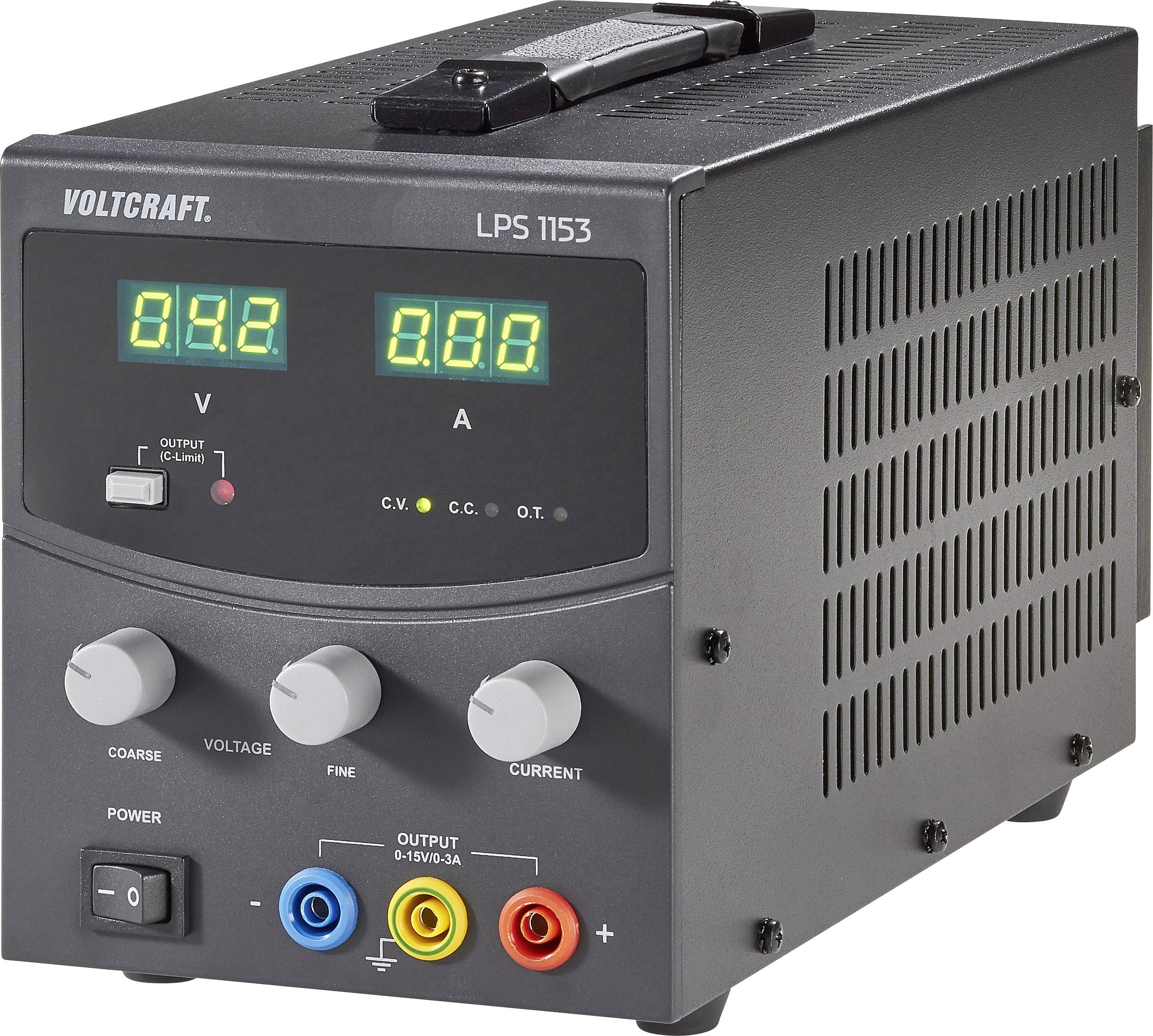 Napájecí zdroj Voltcraft LPS 1153 s digitálním displejem ukazuje 0,00 ampérů a 0,42 voltů. Přední strana má nastavovací tlačítka a barevné zdířky.