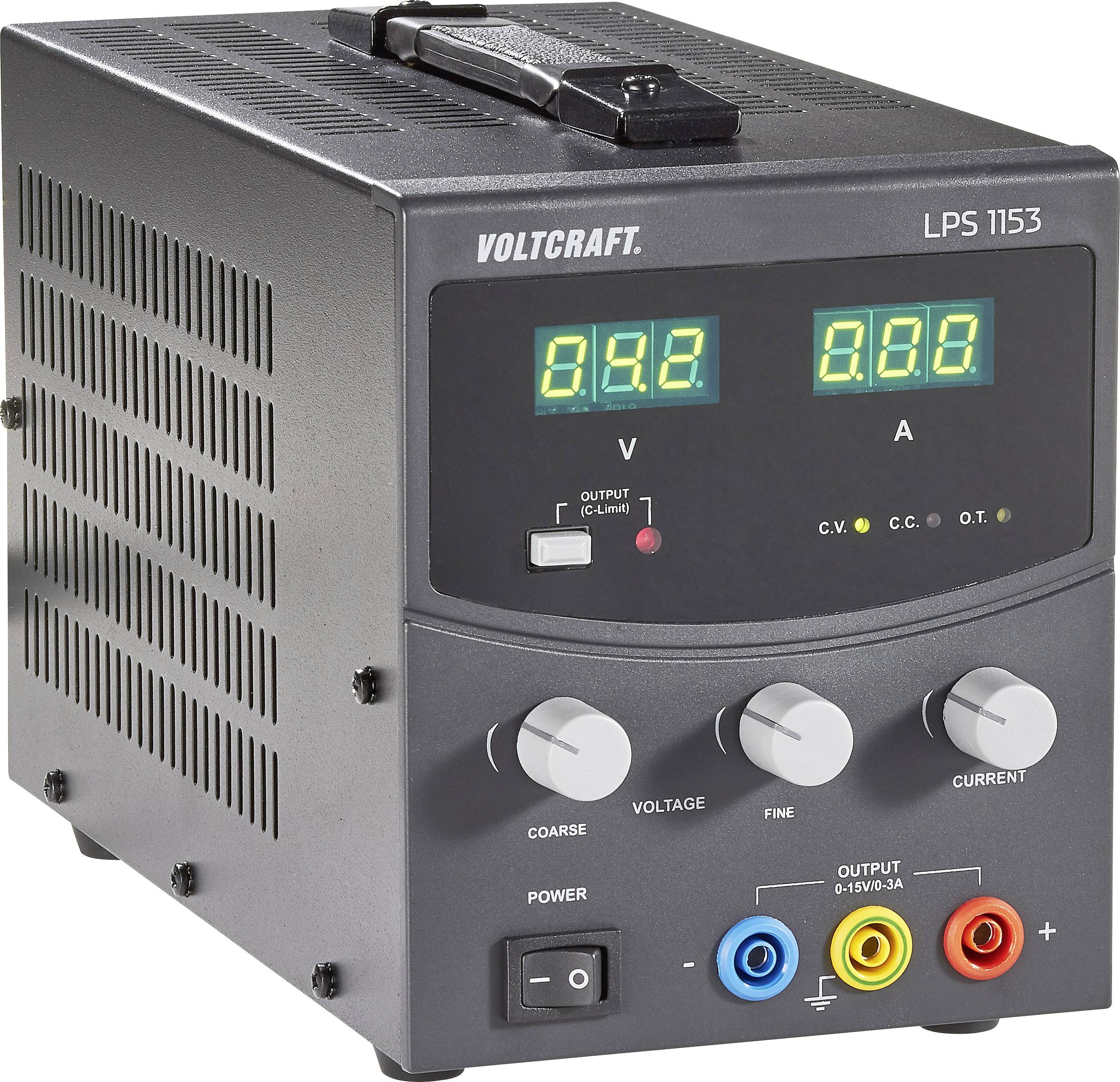 Elektronický laboratorní napájecí zdroj Voltcraft LPS 1153 s digitálním displejem pro napětí a proud, včetně připojovacích zdířek.