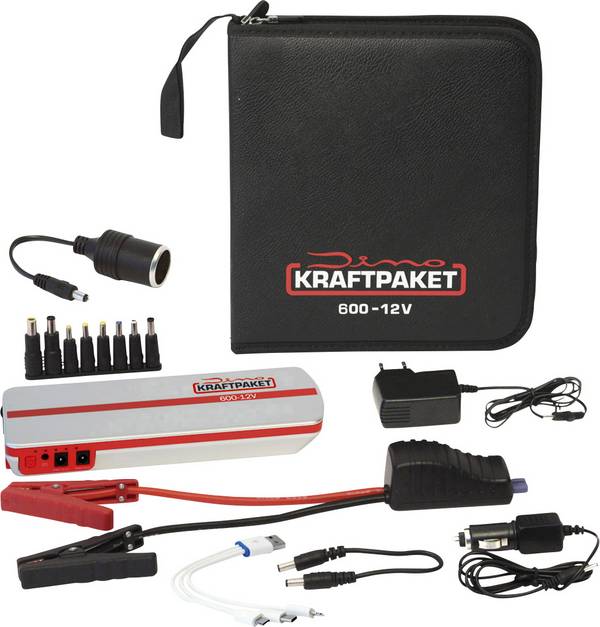 Dino KRAFTPAKET systém pro rychlé startování auta 136102, max. startovací proud 300 A, 2x výstup 12 V, 2x USB konektor, elektronická ochrana a ochrana proti přepólování, SOS signalizační kontrolka, indikátor stavu nabití, elektronická ochrana, pracovní osvětlení, kovové kleště