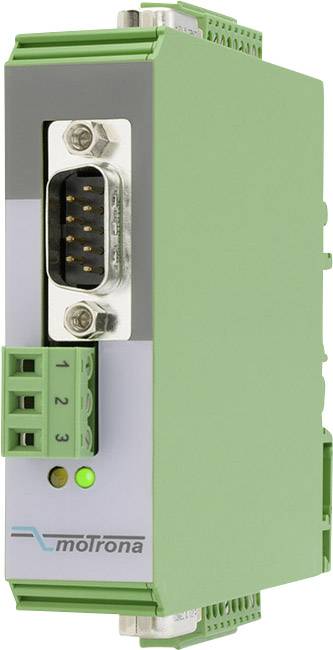 Zelené elektronické zařízení s několika konektory. Na přední straně svítí zelená LED dioda. Značka 'moTrona'.