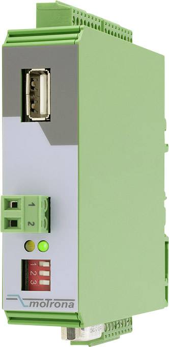 Zelené elektronické zařízení s USB portem a LED indikátorem, používané pro průmyslovou automatizaci nebo řídicí systémy.