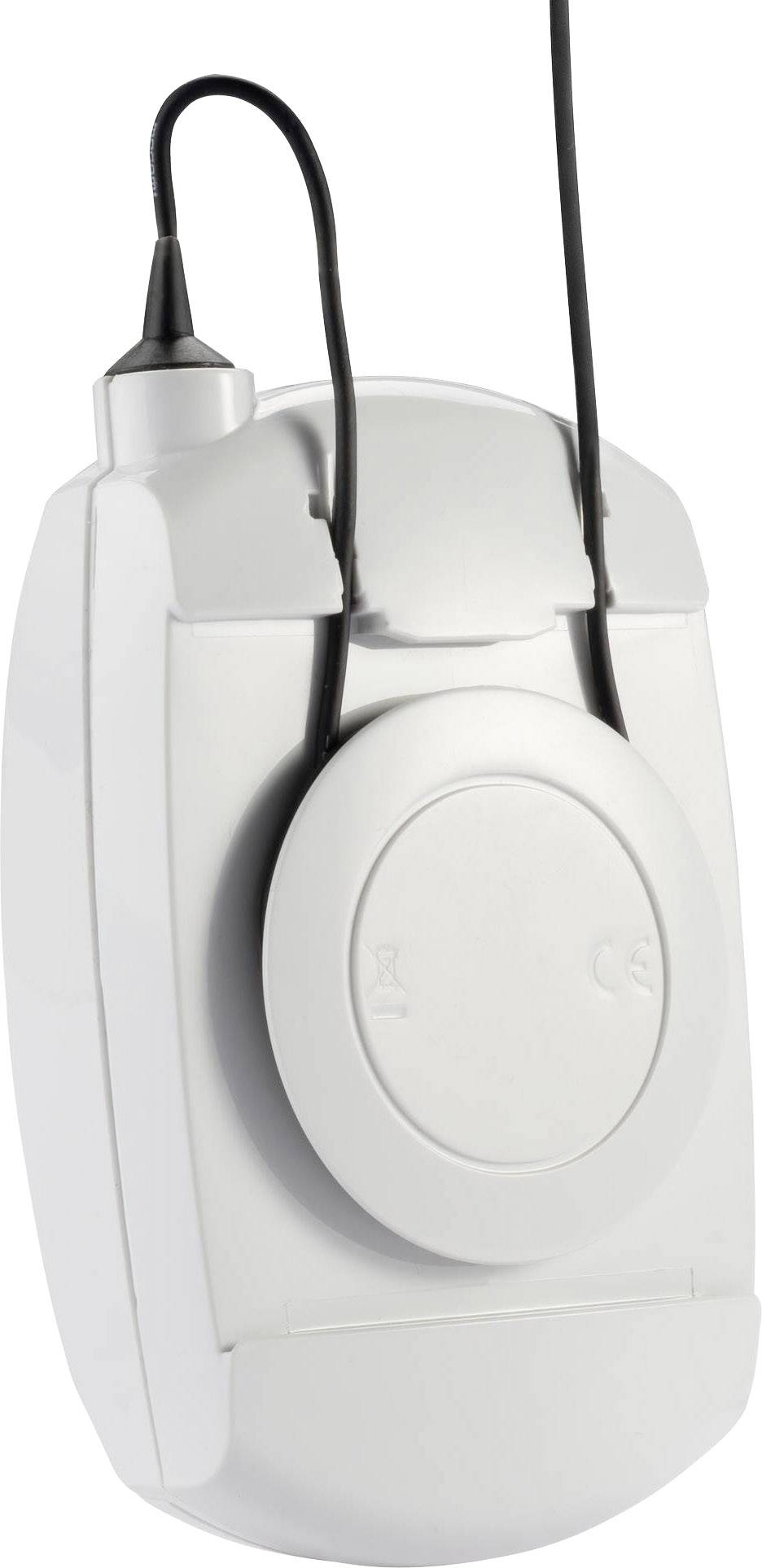 Bílé zdravotnické zařízení se dvěma připojenými kabely, pravděpodobně určené pro měření nebo terapii, umístěné na bílém pozadí.