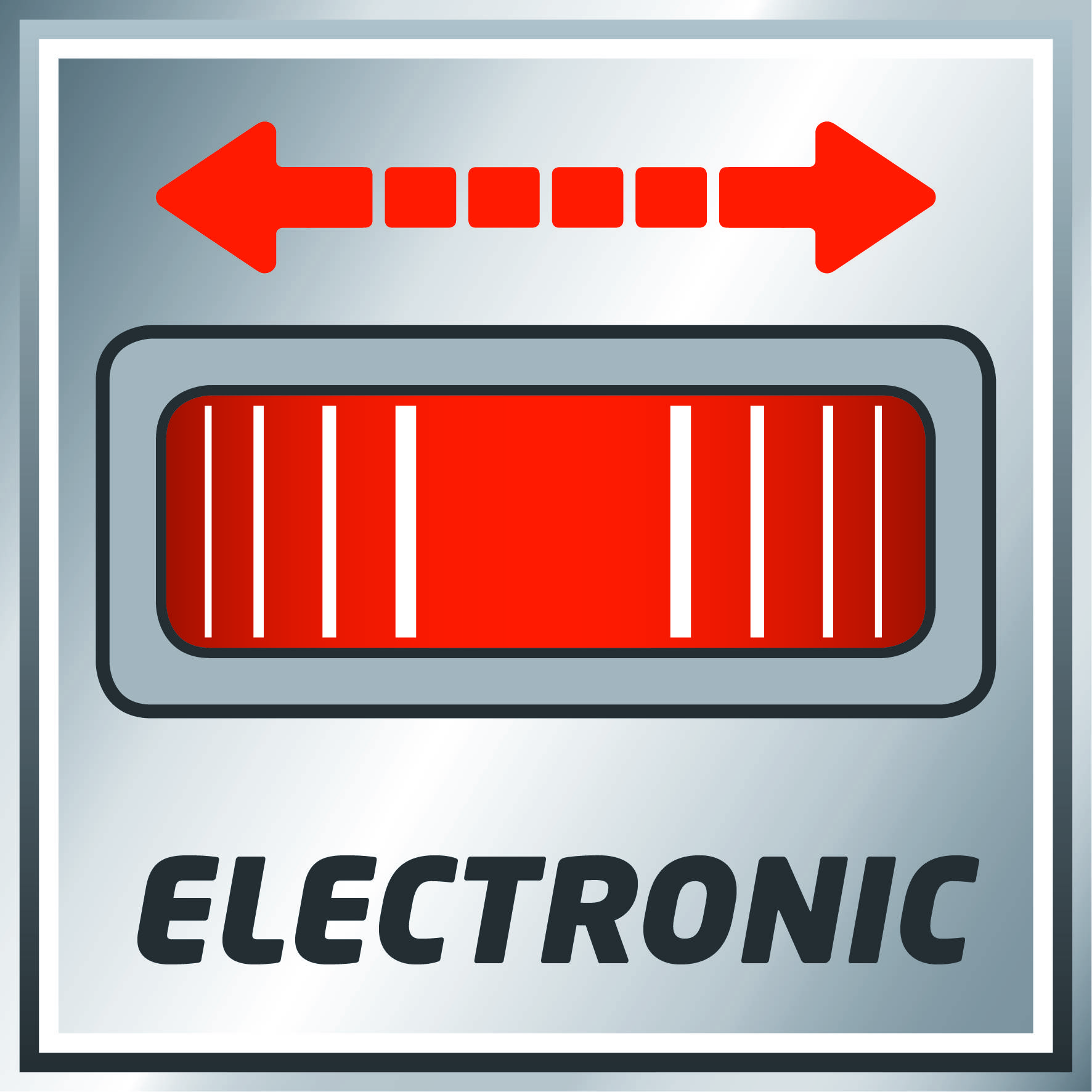 Štít s červeně symbolizovaným čárovým kódem, dvojitý šipka nad ním ukazuje doleva a doprava. Pod tím je napsáno "ELECTRONIC".