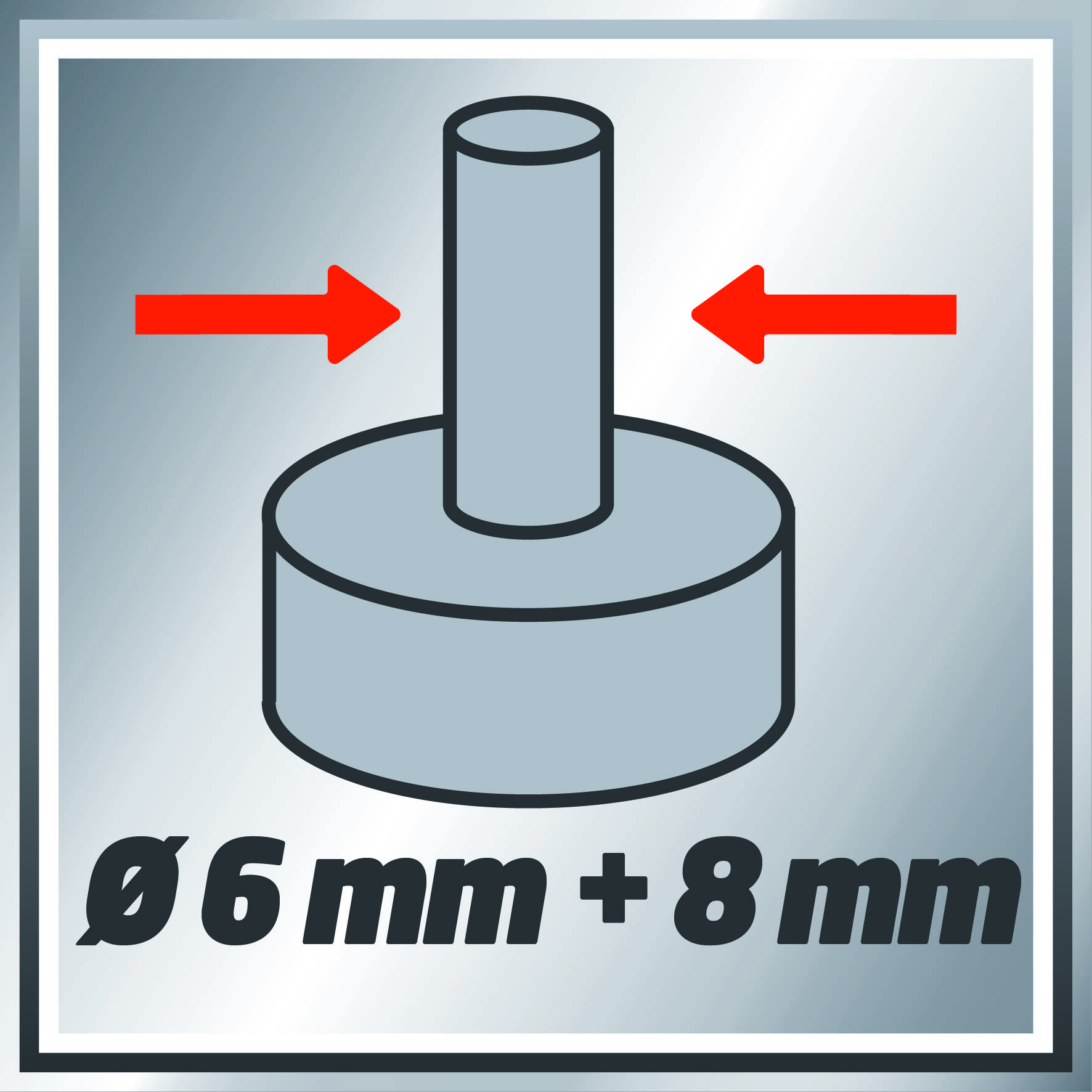 Diagram se dvěma červenými šipkami znázorňuje válcový objekt s rozměry 'Ø 6 mm + 8 mm'.