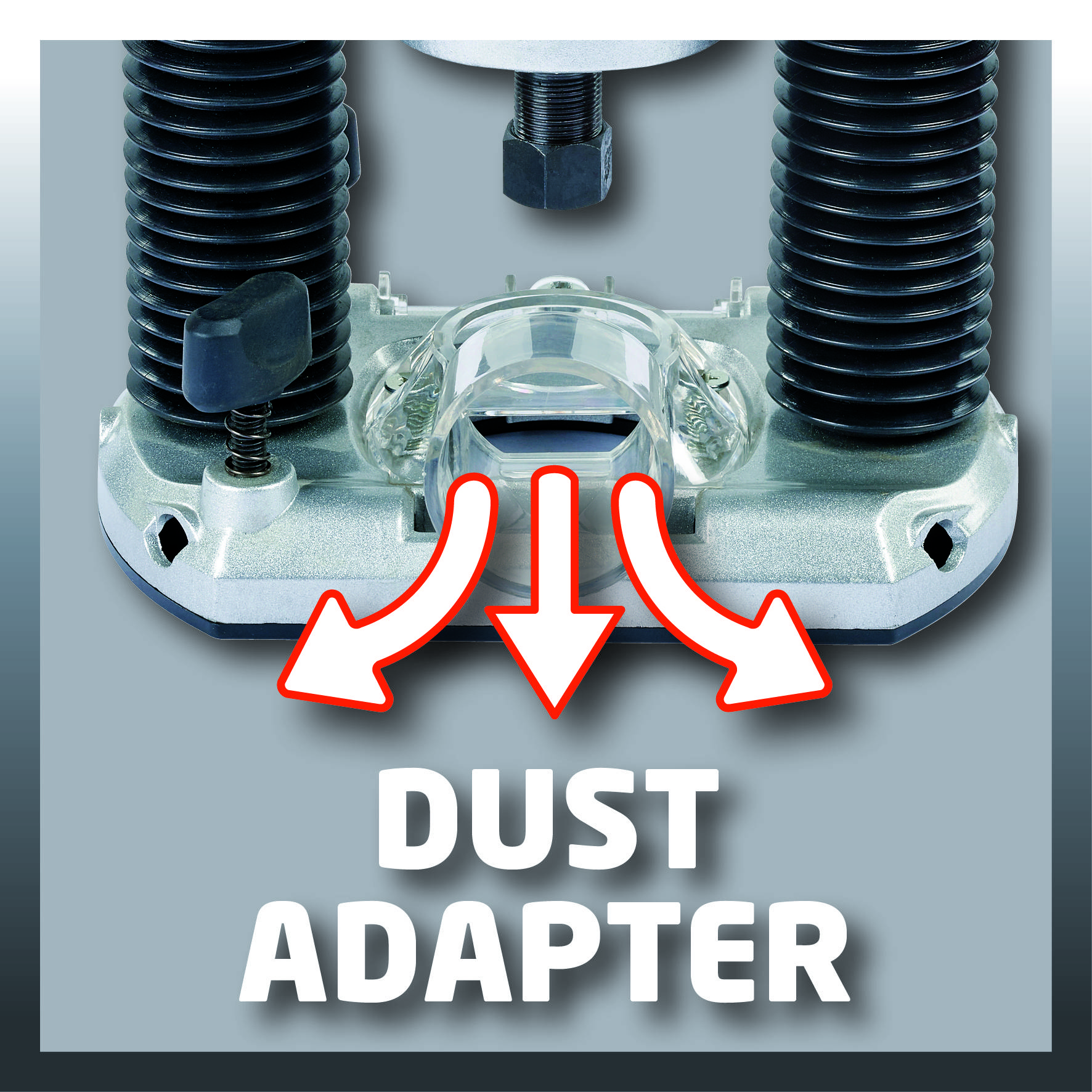 Příslušenství pro horní frézku s prachovým adaptérem a dvěma flexibilními hadicemi. Text 'Dust Adapter' zdůrazňuje funkci produktu.