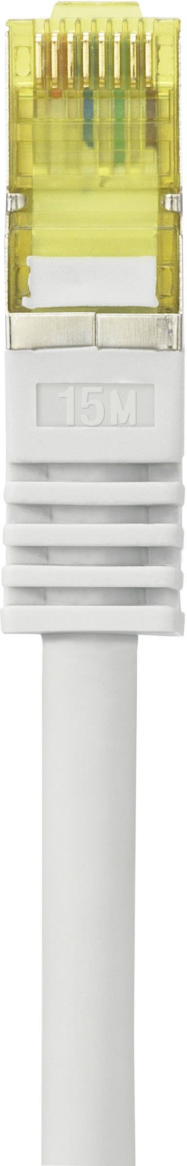 Žlutý ethernetový kabel s konektorem RJ45 pro síťové připojení, pohled zepředu.
