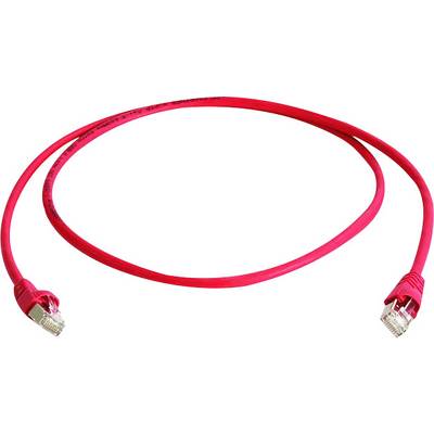 Červený síťový kabel se dvěma konektory RJ45.