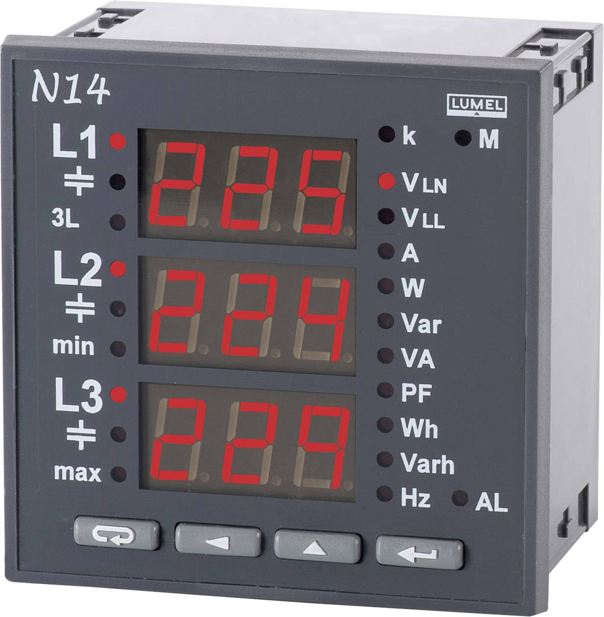 Digitální displej se třemi červenými LED displeji, které zobrazují napěťové hodnoty L1, L2 a L3 ve voltech. Vlevo jsou popisy.
