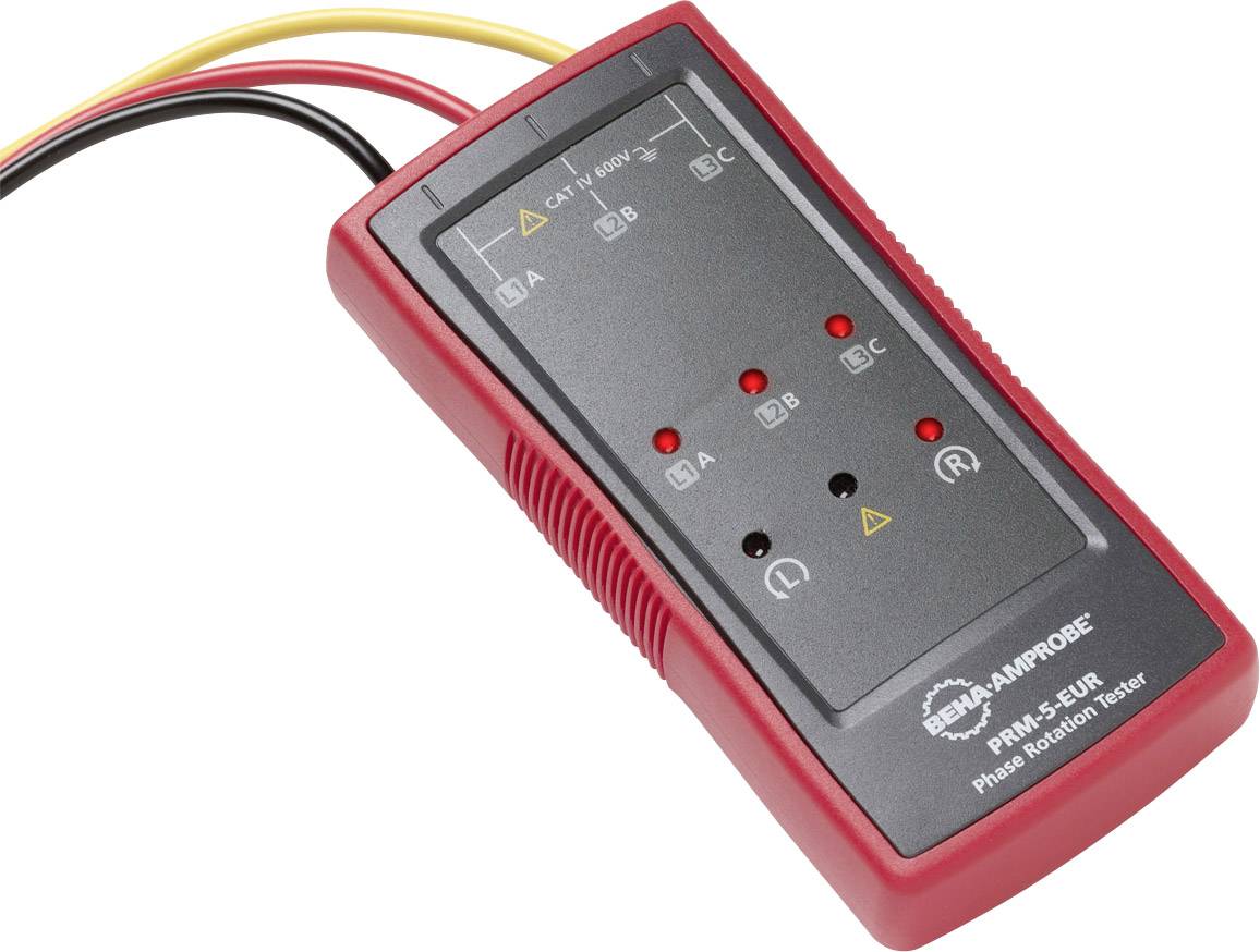 Červený fázový tester s několika indikátory a připojovacími kabely pro měření sledu fází v elektrických systémech.