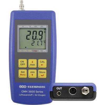 Modré zařízení pro měření kyslíku GMH 3600 s displejem zobrazujícím '20,9 %' O2 a teplotu '21,7 °C'. Tlačítka pro měřicí a přístrojové funkce.