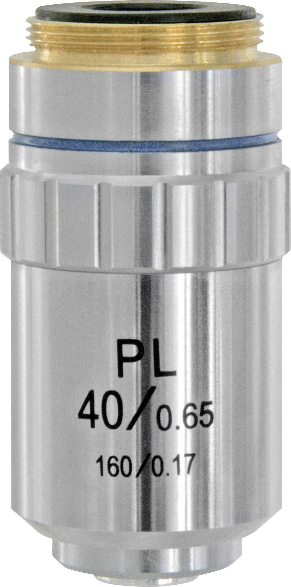 Stříbrný kovový objektiv s nápisem 'PL 40/0.65 160/0.17', pravděpodobně určený pro mikroskop.