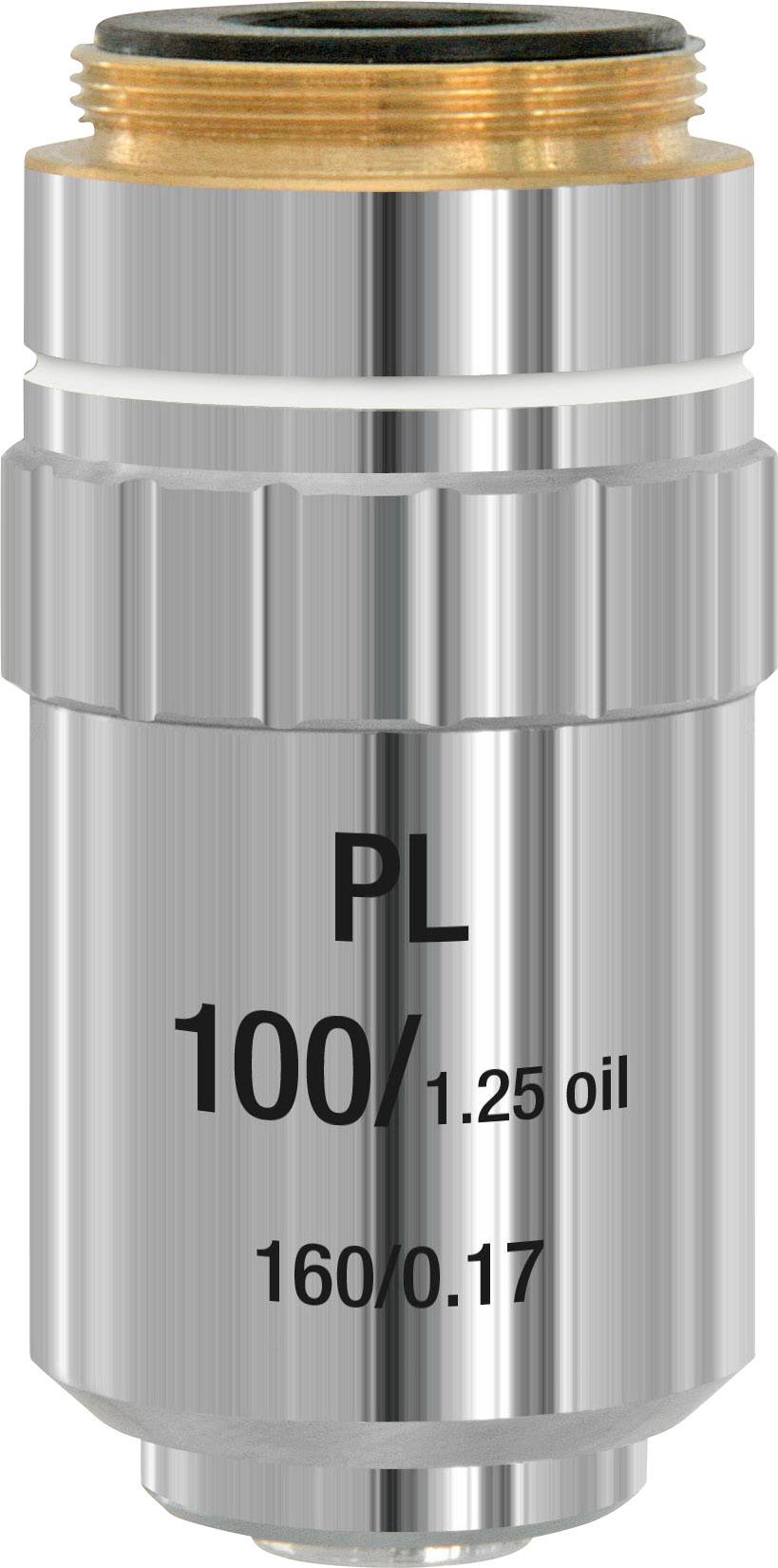 Kovový válec s nápisem 'PL 100/1.25 oil 160/0.17', pravděpodobně objektiv.