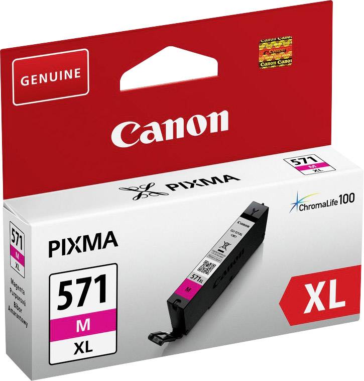 Inkoustová kazeta Canon 571 XL v purpurové barvě, balení s logem Pixma a označením 'Originál' pro vysoce kvalitní tisk.