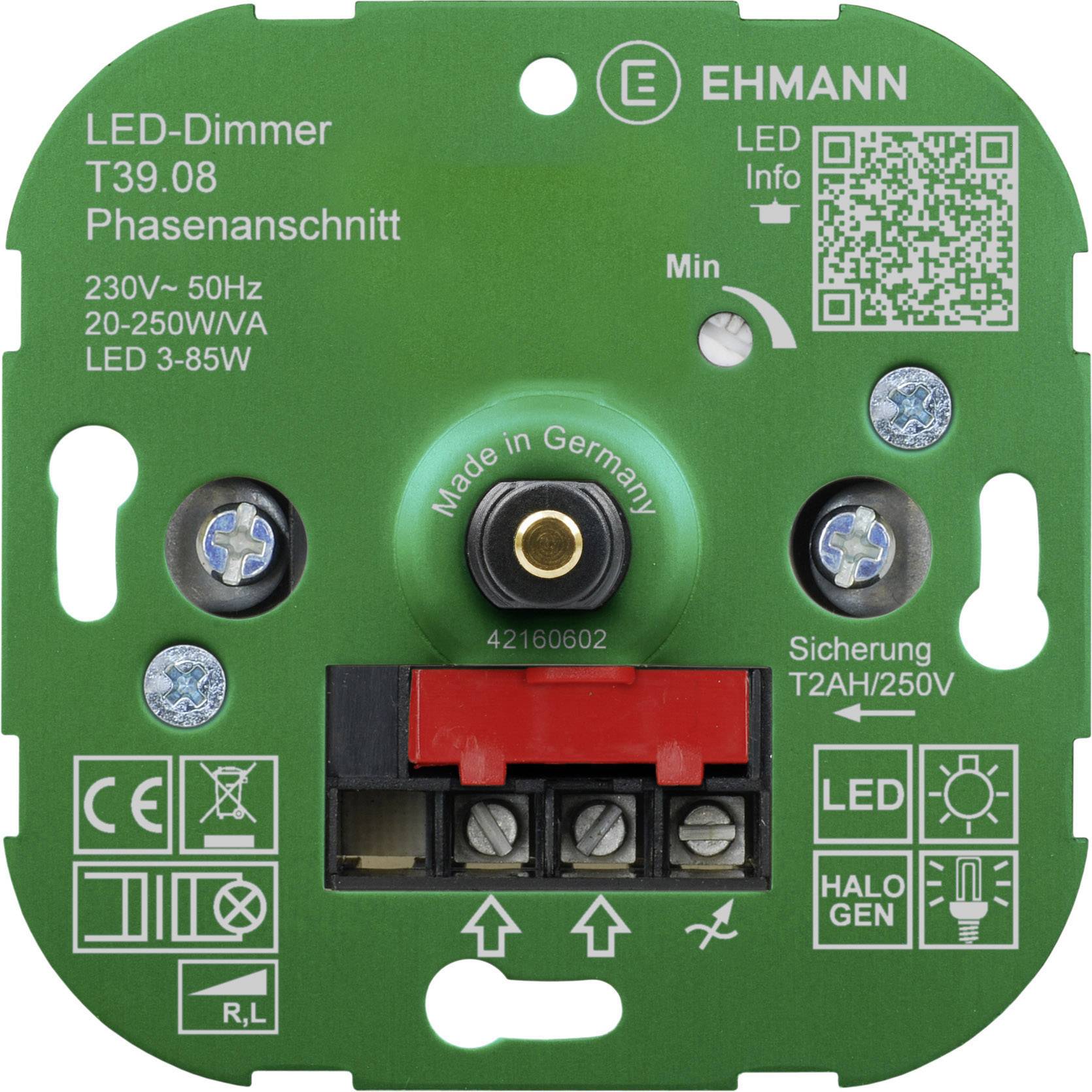 LED stmívač T39.08 pro řízení fáze, 230V~ 50Hz, 20-250V/VA, LED 3-85W, pojistka T2AH/250V, značka EHMANN na zeleném pozadí.